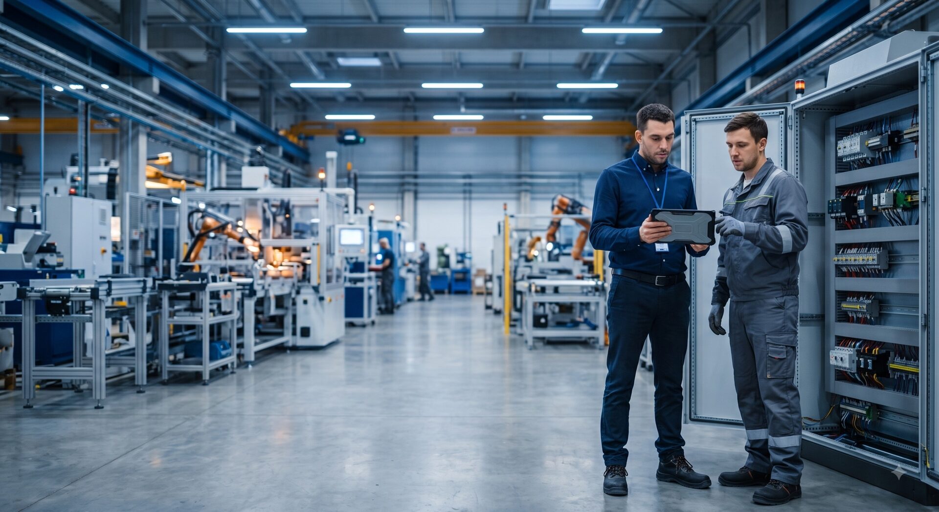Professionisti esaminano un tablet accanto a un quadro elettrico in uno stabilimento industriale