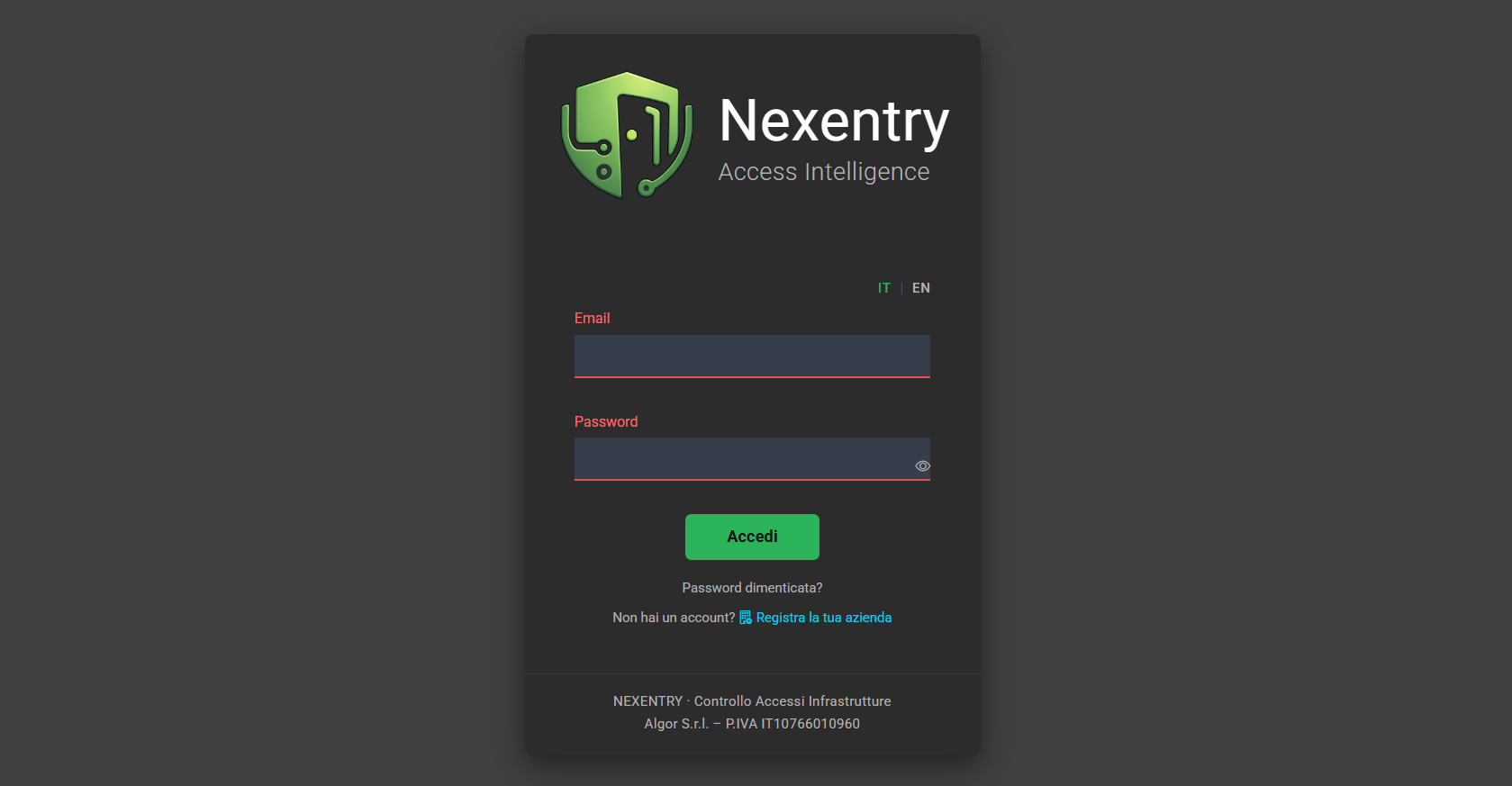 Nexentry — pagina di accesso alla piattaforma