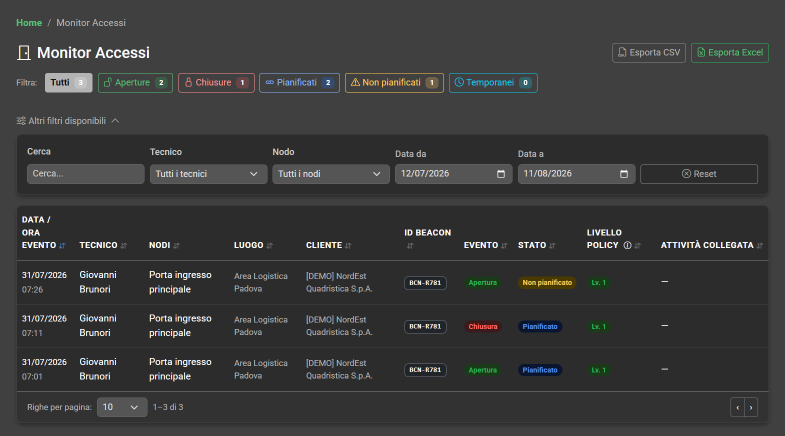 Nexentry — monitor accessi con filtri ed esportazione
