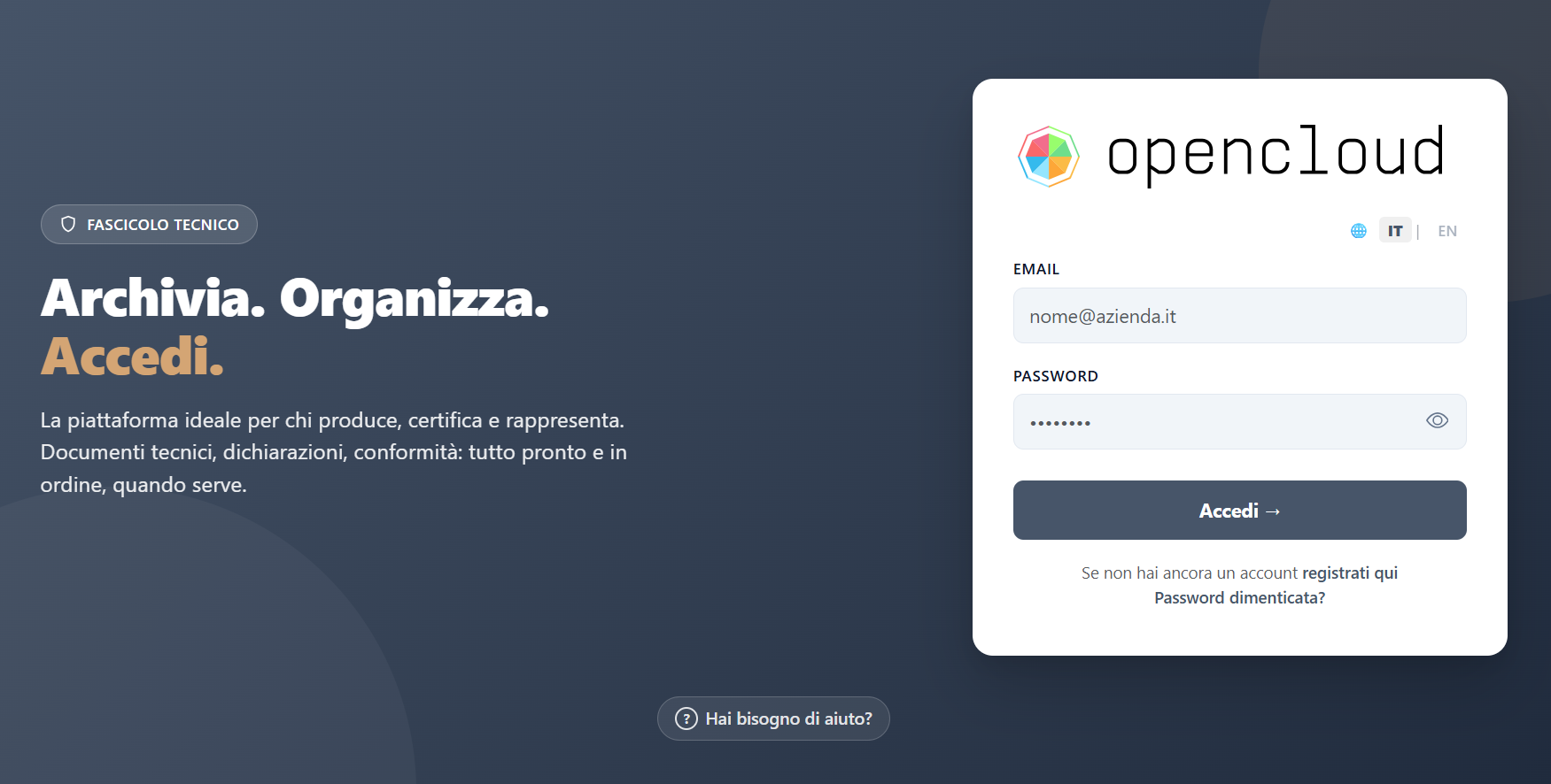 OpenCloud — pagina di accesso alla piattaforma