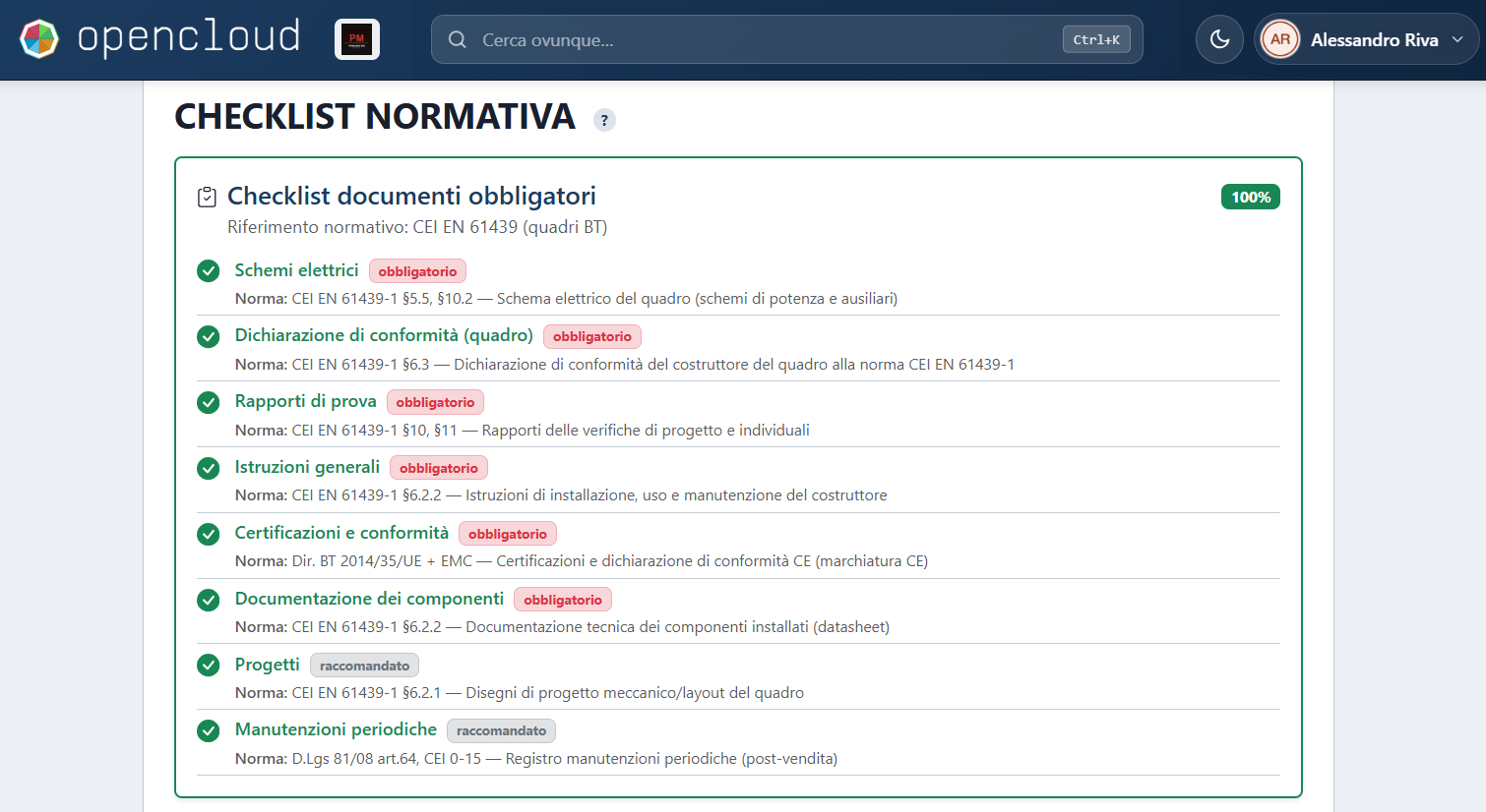 OpenCloud — checklist normativa per i quadristi (CEI EN 61439)